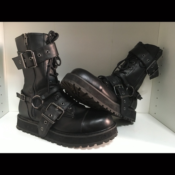 *SOLD* DEMONIA VALOR 220 OLD VERSION UNISEX BLACK BOOTS GOTHIC PUNK METAL BIKER - Picture 1 of 14